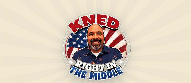 Kned Right in the Middle logo, host Kelly Knedler in front of an American flag